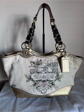 Coach Tattoo Canvas Tote Bag in Cream